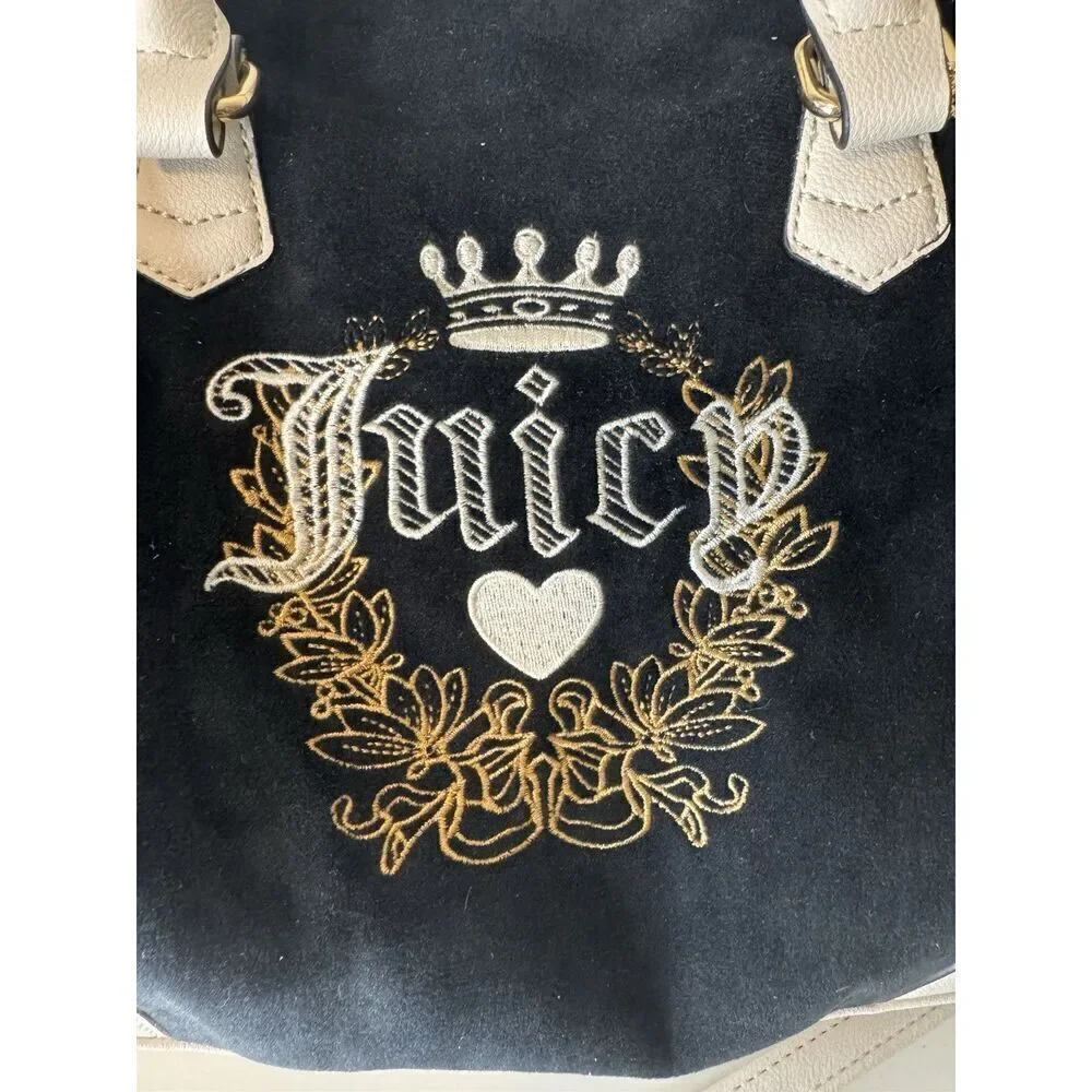 Juicy Couture Velour Heritage Satchel Purse Bag Black White Liquorice Angel Y2K